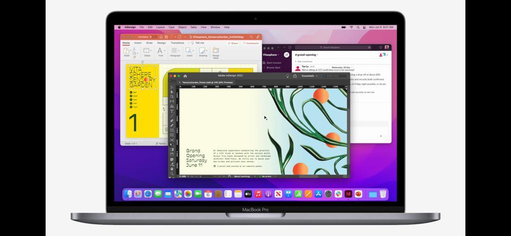 蘋果同步推出全新的macOS Ventura，支援全新的「幕前調度Stage Manager」功能，能專注於眼前的工作並置中，其他視窗更可組合或直接放在旁邊，預計秋季透過免額外付費的軟體更新提供。（翻攝直播畫面）