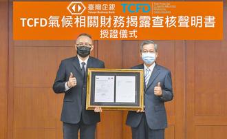 臺灣企銀TCFD報告書獲評最高等級，由該行董事長林謙浩（右）接受BSI資深經理林文彥（左）頒證。圖／臺灣企銀提供