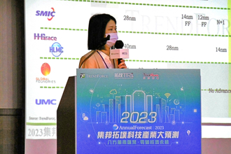 市場研究機構TrendForce 20日舉辦「2023集邦拓墣科技產業大預測」，由半導體研究處資深分析師喬安剖析晶圓代工業展望。（林資傑攝）