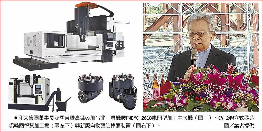 和大集團董事長沈國榮暨高鋒參加台北工具機展的BMC-2618龍門型加工中心機（圖上）、CV-24W立式鍛造鋁輪圈智慧加工機（圖左下）與新版自動頭防掉頭裝置（圖右下）。圖／業者提供