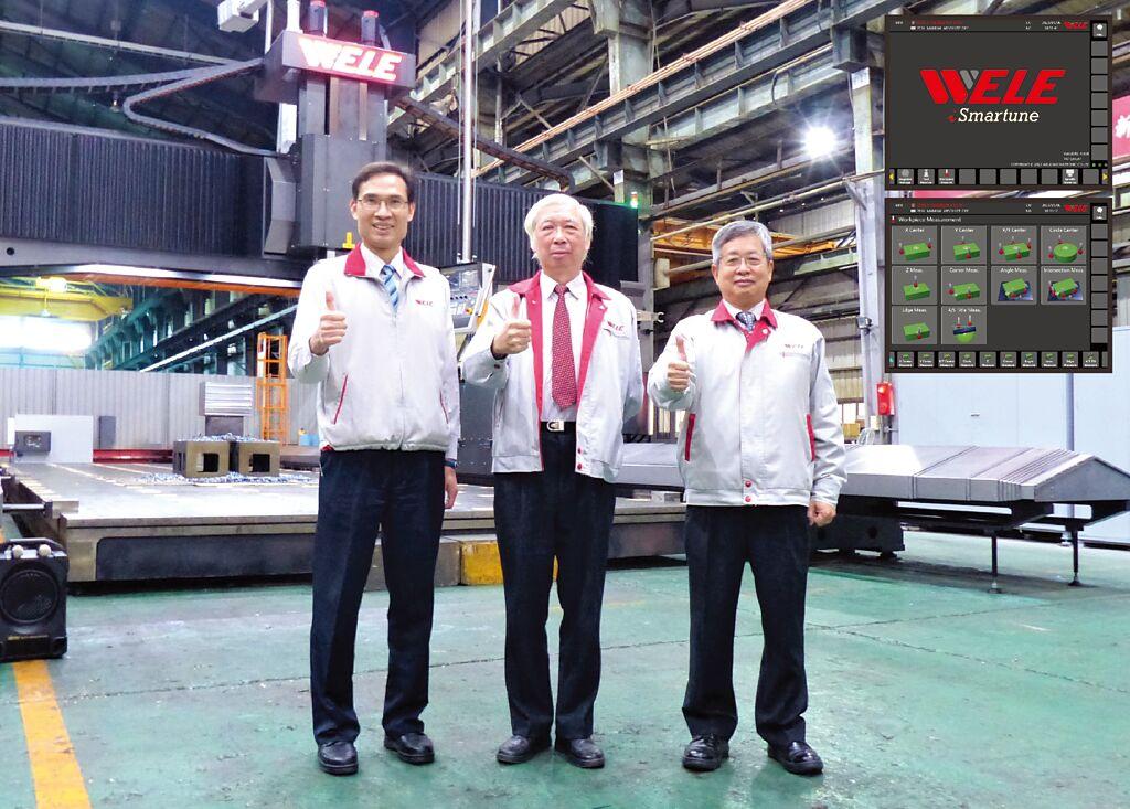 崴立機電董事長關永昌（中）、總經理蘇錦添（右）與行銷業務部協理徐源相（左）及該公司iSmartune智能系統（右上）。圖／業者提供