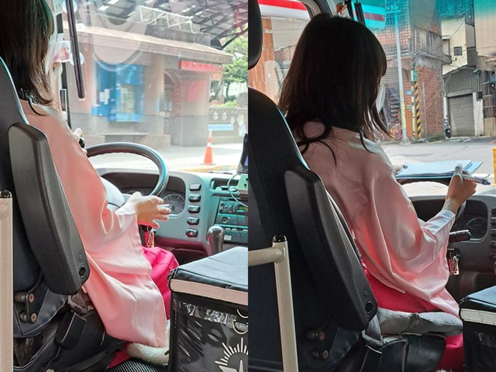 新北市汐止有民眾在搭社區公車時，發現一名女司機身穿全身粉色日式服裝，連板子都寫「運転手」和日文名字，有人證實該司機確實是名日本人。（翻攝自臉書「汐止集團」）