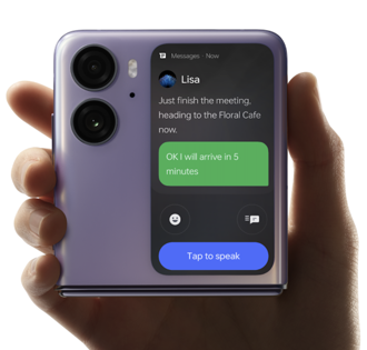 OPPO旗艦摺疊手機Find N2 Flip祭出重大軟體更新，包含播放音樂時支援「Spotify卡片」、收到訊息後的回覆將可「語音轉文字即時回覆」。（OPPO提供）