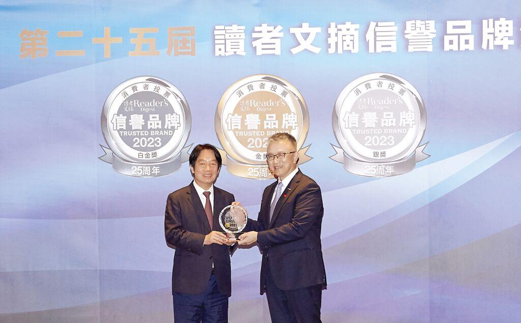 Panasonic再度榮獲2023年信譽品牌最高殊榮，由副總統賴清德頒獎予台灣松下銷售公司總經理張天來。圖／業者提供