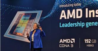 AMD（超微）董事長蘇姿丰6月14日在「AMD資料中心與人工智慧技術發表會」上發表生成式AI晶片MI300X。（圖／取自HTS官網）