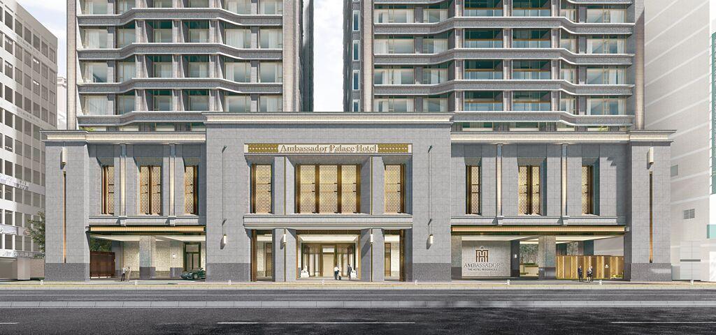 台北國賓皇宮酒店，預計2028年開業，圖為3D模擬示意，樓層是1至3層的裙樓，可連接酒店與飯店精品宅。圖／國賓飯店提供