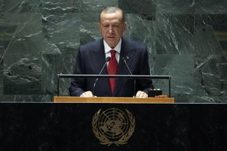 土耳其總統艾爾多安19日在聯合國大會發言。（美聯社）