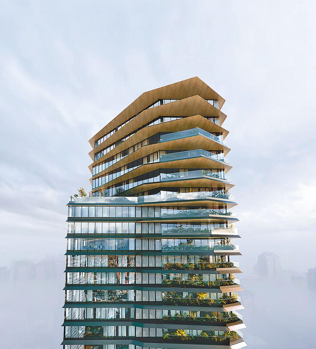 國際大師隈研吾生涯最高建築「聯聚中維大廈Kuma Tower」，頂樓戶每坪單價達81.2萬元。（聯聚提供)