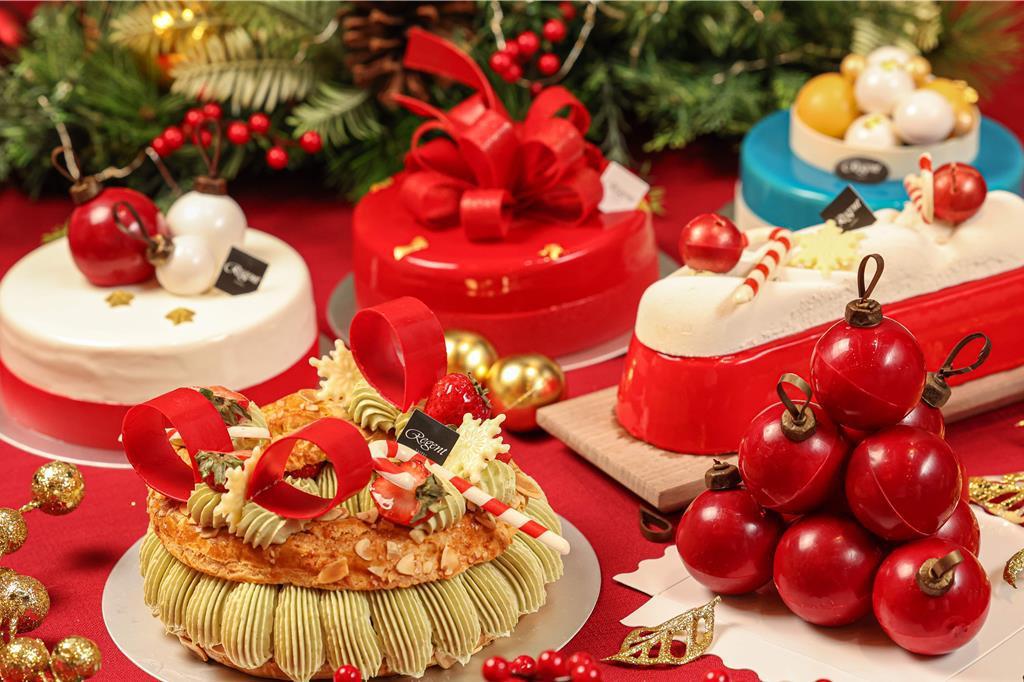 台北晶華法籍甜點主廚以紅白的紐約聖誕意象，打造一系列繽紛甜點。圖／台北晶華酒店提供