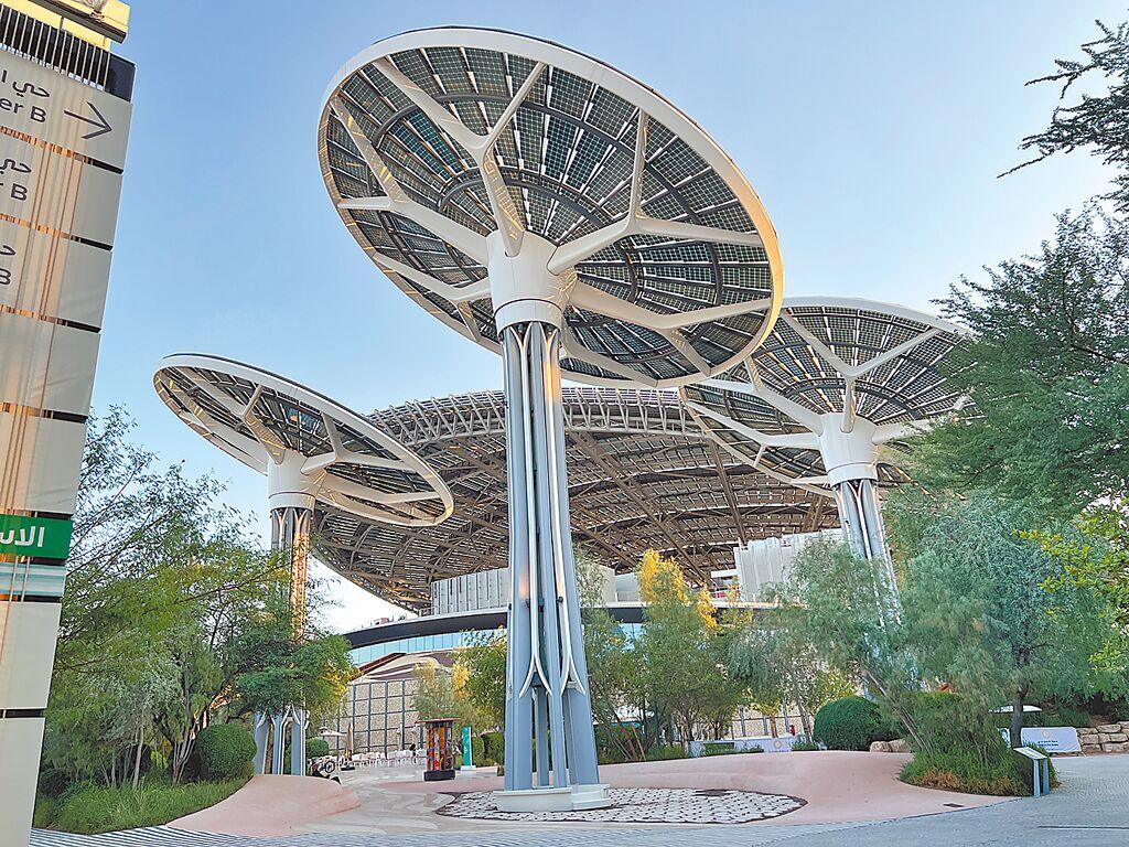 COP28綠區Terra館外頭，圍繞多棵巨型太陽能板樹提供場館電力。（王惠慧攝）
