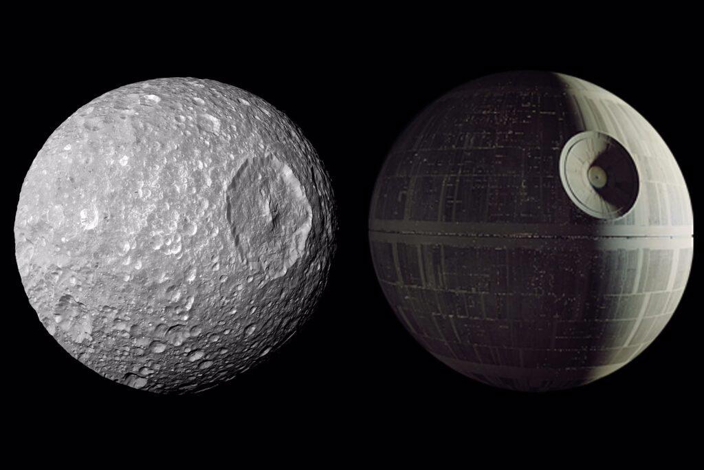 土衛一與「死星」的外型很相似。不過喬治魯卡斯並未參考土衛一，因為首張巨大隕坑的照片是在1980年回傳的，當時星際大戰已經上映4年。(圖/NASA) 