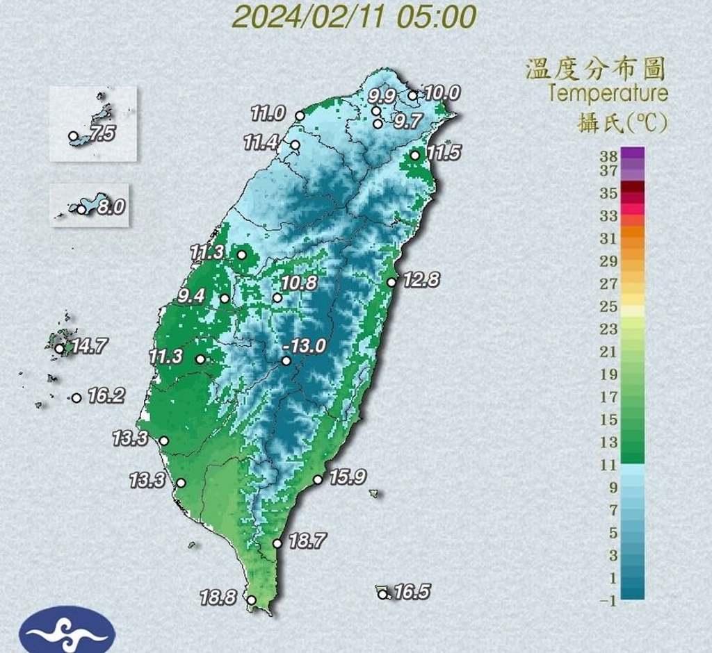 今晨全台冷颼颼，北台灣10度以下。(翻攝自鄭明典臉書)